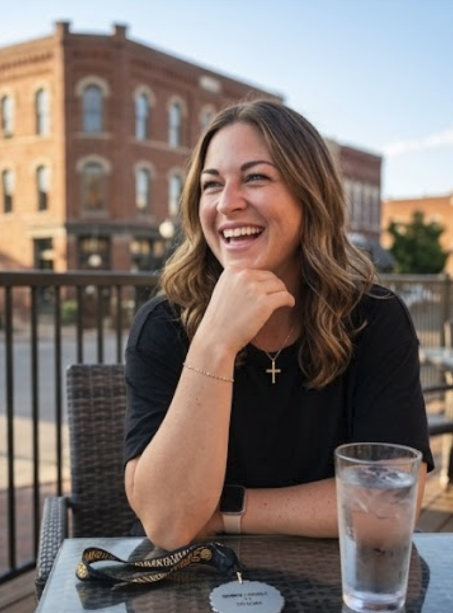 Joanna laughing at an outdoor café